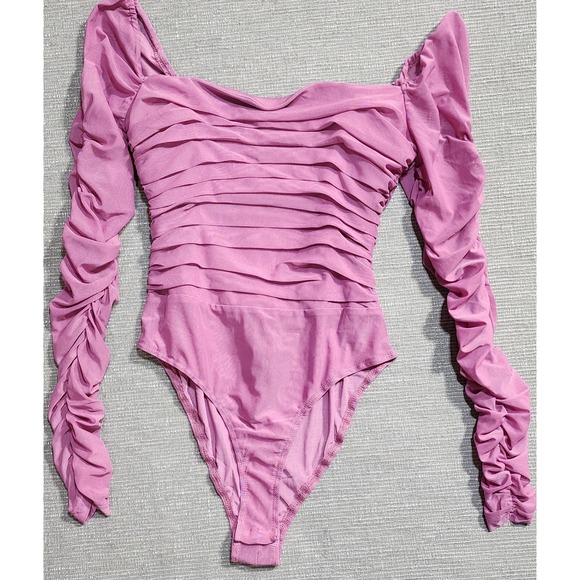 Princess Polly Tops - Princess Polly Ruched Mesh Long Sleeve Bodysuit Mauve Pink Size 6